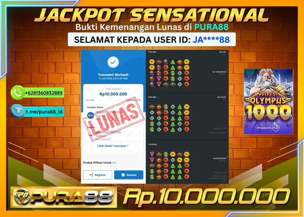 PURA88 JACKPOT GATES OF OLYMPUS 1000 Rp 10.000.000,- LUNAS